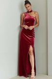 Cabernet Maxi Asymmetrical Neck Holiday Party Dress with Slit