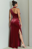 Cabernet Maxi Asymmetrical Neck Holiday Party Dress with Slit