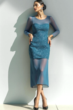 Blue Tulle Sheath Illusion Round Neck Midi Evening Dress