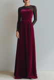 Cabernet Black Round Neck Sheath Long Evening Dress with Sleeves