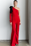 Red One Shoulder Fitted Formal Jumpsuit with Bow