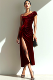 Cabernet Sheath Velvet Ruched Long Evening Dress with Slit