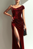 Cabernet Sheath Velvet Ruched Long Evening Dress with Slit