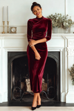 Dark Green Velvet High Neck Sheath Long Formal Dress with Sleeves