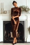 Dark Green Velvet High Neck Sheath Long Formal Dress with Sleeves