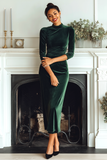 Dark Green Velvet High Neck Sheath Long Formal Dress with Sleeves