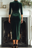 Dark Green Velvet High Neck Sheath Long Formal Dress with Sleeves