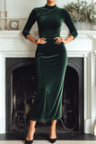 Dark Green Velvet High Neck Sheath Long Formal Dress with Sleeves