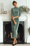 Dark Green Velvet High Neck Sheath Long Formal Dress with Sleeves