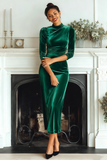 Dark Green Velvet High Neck Sheath Long Formal Dress with Sleeves