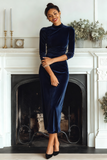 Dark Green Velvet High Neck Sheath Long Formal Dress with Sleeves