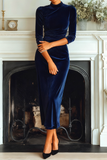 Dark Green Velvet High Neck Sheath Long Formal Dress with Sleeves