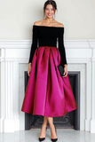 Black and Fuchsia Off the Shoulder A Line Long Evening Dress