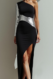 Black One Shoulder Long Sheath Formal Dress with Slit