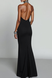 Navy Halter Sheath Backless Long Glitter Evening Dress