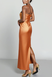 Orange Strapless Sheath Satin Long Elegant Evening Dress