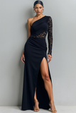 Chiffon One Shoulder Long Black Formal Dress with Lace