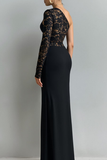 Chiffon One Shoulder Long Black Formal Dress with Lace