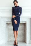 Navy Sheath High Neck Midi Evening Dress with Lace