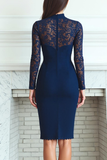 Navy Sheath High Neck Midi Evening Dress with Lace