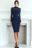 Navy Sheath High Neck Midi Evening Dress with Lace