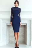 Navy Sheath High Neck Midi Evening Dress with Lace