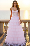 Pink Corset Strapless Tiered Ball Gown Long Prom Dress with Appliques