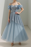 Sparkly Dusty Blue A Line Spaghetti Straps Maxi Prom Dress