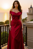 Dusty Blue Satin Maxi A Line Off the Shoulder Formal Dress