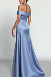 Dusty Blue Satin Maxi A Line Off the Shoulder Formal Dress