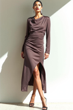 Simple Brown Chiffon Sheath Long Sleeves Dress with Slit