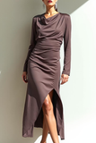 Simple Brown Chiffon Sheath Long Sleeves Dress with Slit