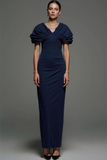 Navy Sheath Long V Neck Simple Formal Dress