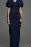 Navy Sheath Long V Neck Simple Formal Dress