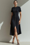 Black A Line Short Sleeves Midi Formal Dress with Slit