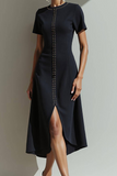 Black A Line Short Sleeves Midi Formal Dress with Slit