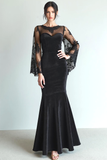 Black Mermaid Illusion Neck Velvet Long Formal Dress with Lace