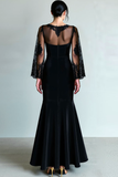 Black Mermaid Illusion Neck Velvet Long Formal Dress with Lace