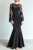 Black Mermaid Illusion Neck Velvet Long Formal Dress with Lace
