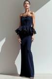Navy Strapless Sheath Long Formal Dress with Ruffles
