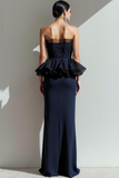 Navy Strapless Sheath Long Formal Dress with Ruffles