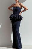 Navy Strapless Sheath Long Formal Dress with Ruffles