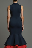 Navy High Neck Mermaid Midi Formal Dress with Ruffles
