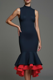 Navy High Neck Mermaid Midi Formal Dress with Ruffles