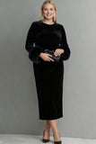 Dark Blue Velvet Sheath Plus Size Long Holiday Party Dress with Sleeves