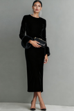 Dark Blue Velvet Sheath Long Holiday Party Dress with Sleeves