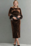 Dark Blue Velvet Sheath Plus Size Long Holiday Party Dress with Sleeves