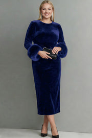 Dark Blue Velvet Sheath Plus Size Long Holiday Party Dress with Sleeves