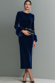 Dark Blue Velvet Sheath Long Holiday Party Dress with Sleeves