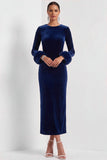 Dark Blue Velvet Sheath Long Holiday Party Dress with Sleeves